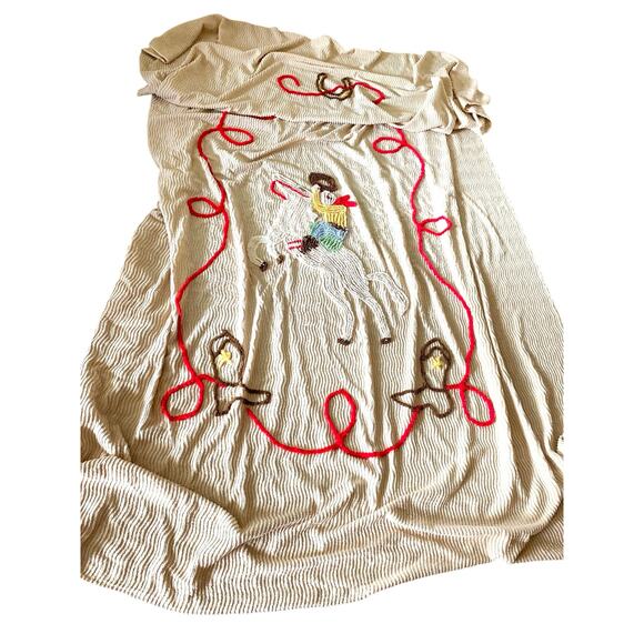 Vintage Chenille Western Cowboy Themed Bedspread Twin/Full Size Rodeo Some Flaws - Picture 1 of 12